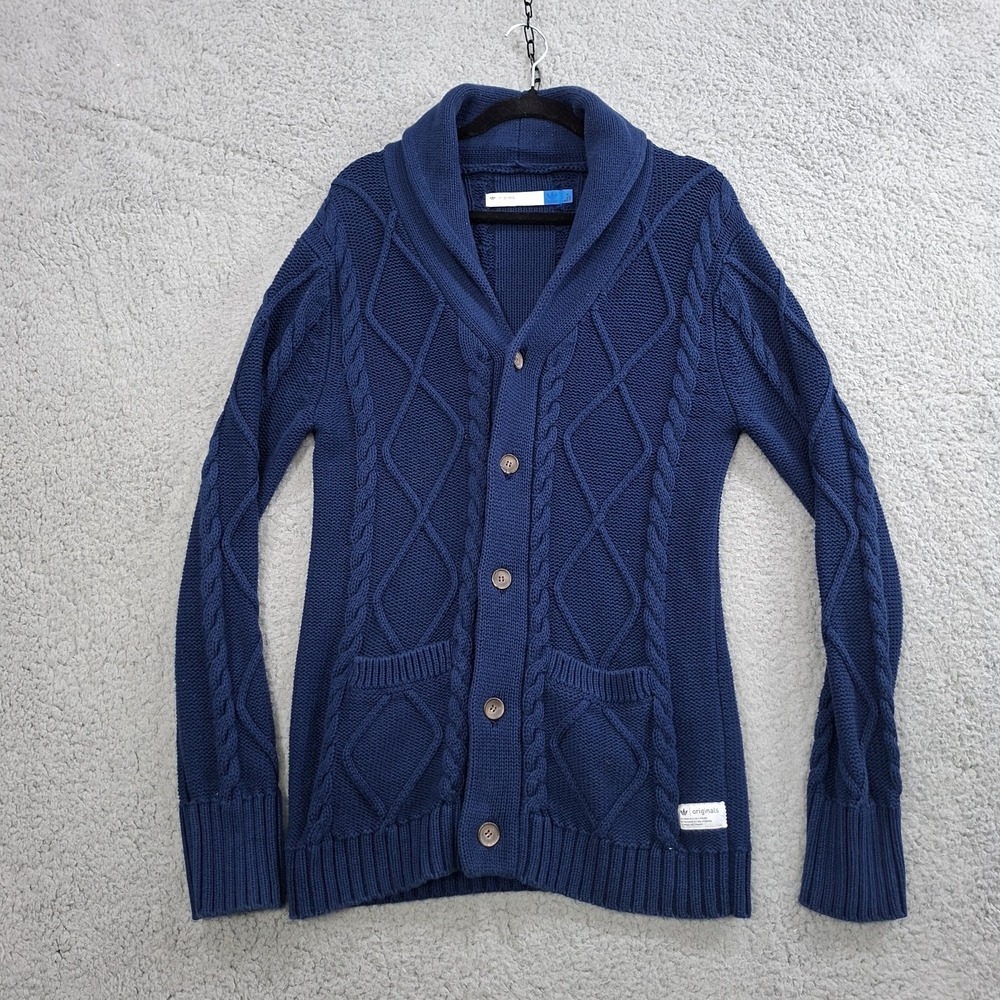 Adidas‎ Original Sweater Mens S Blue Shawl Collar Fisherman Cardigan Trefoil